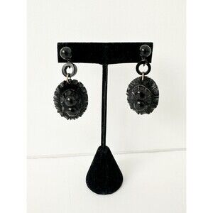 Antique Whitby Jet Earrings Victorian Carved Black Beaded Mouring Jewelry